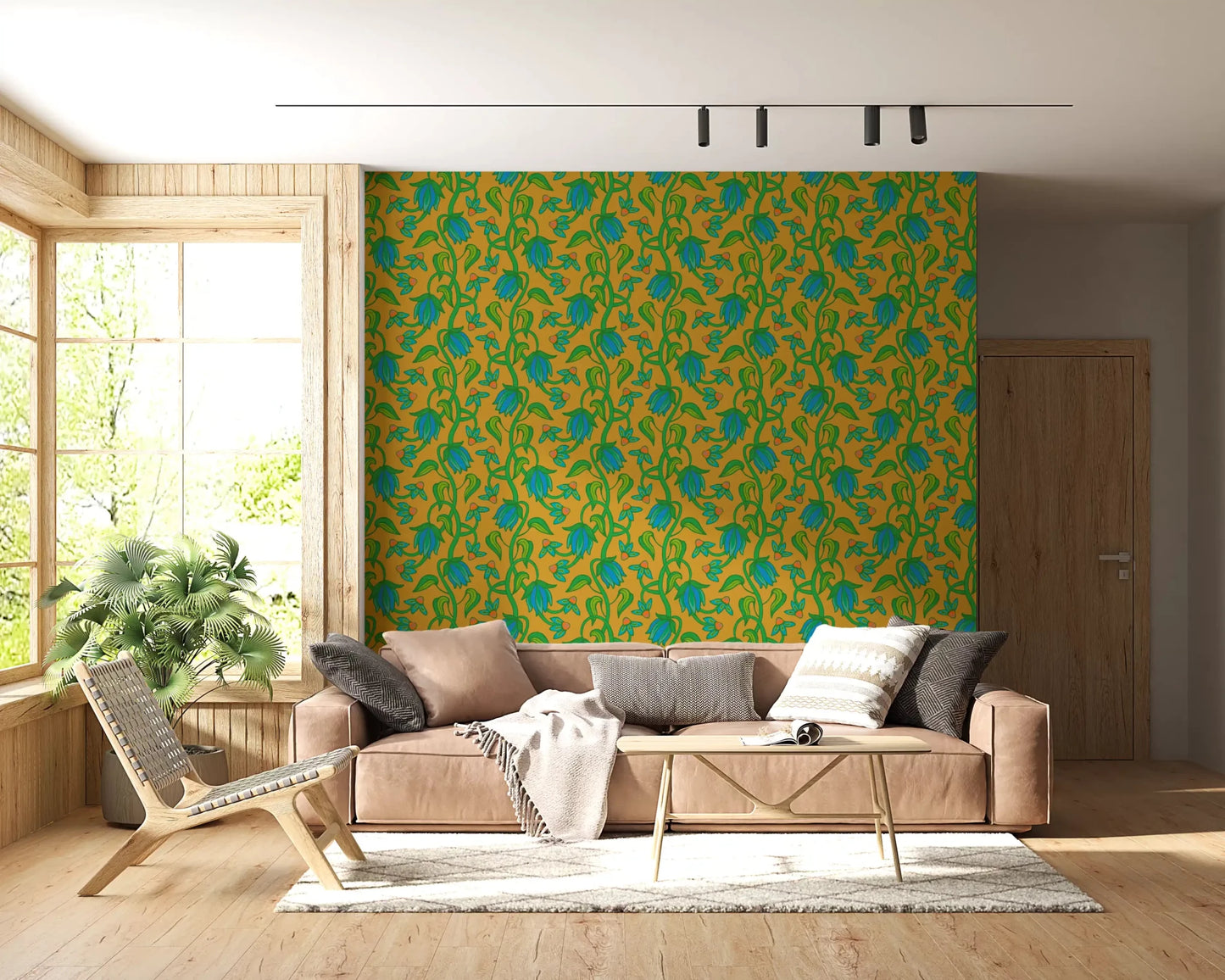 Living room with Ophelia Boho Blossoms wallpaper in blue green on mustard