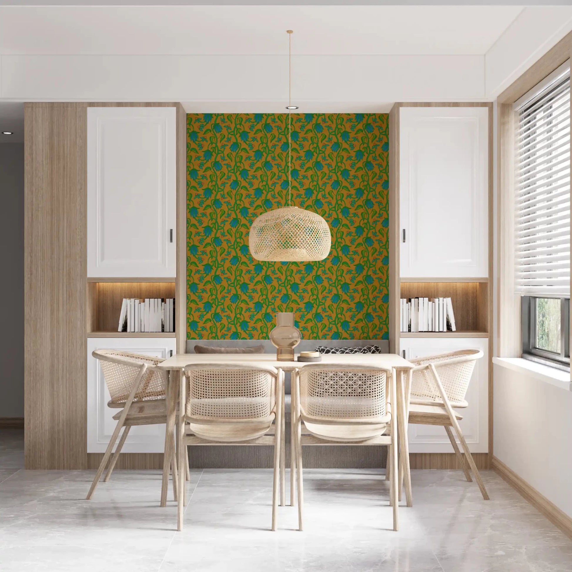 Mustard yellow wallpaper showing Ophelia Boho Blossoms in tropical repeat