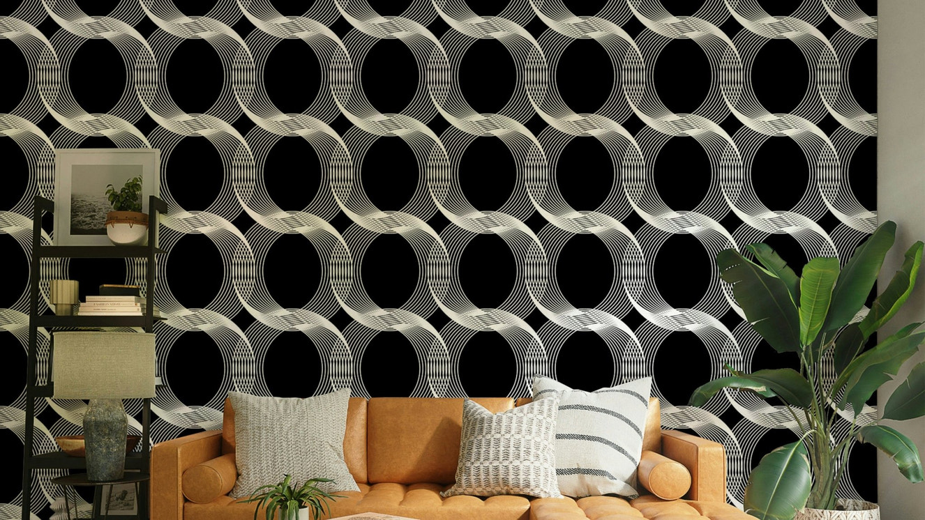 A full-wall mural of a modern, geometric pattern.
