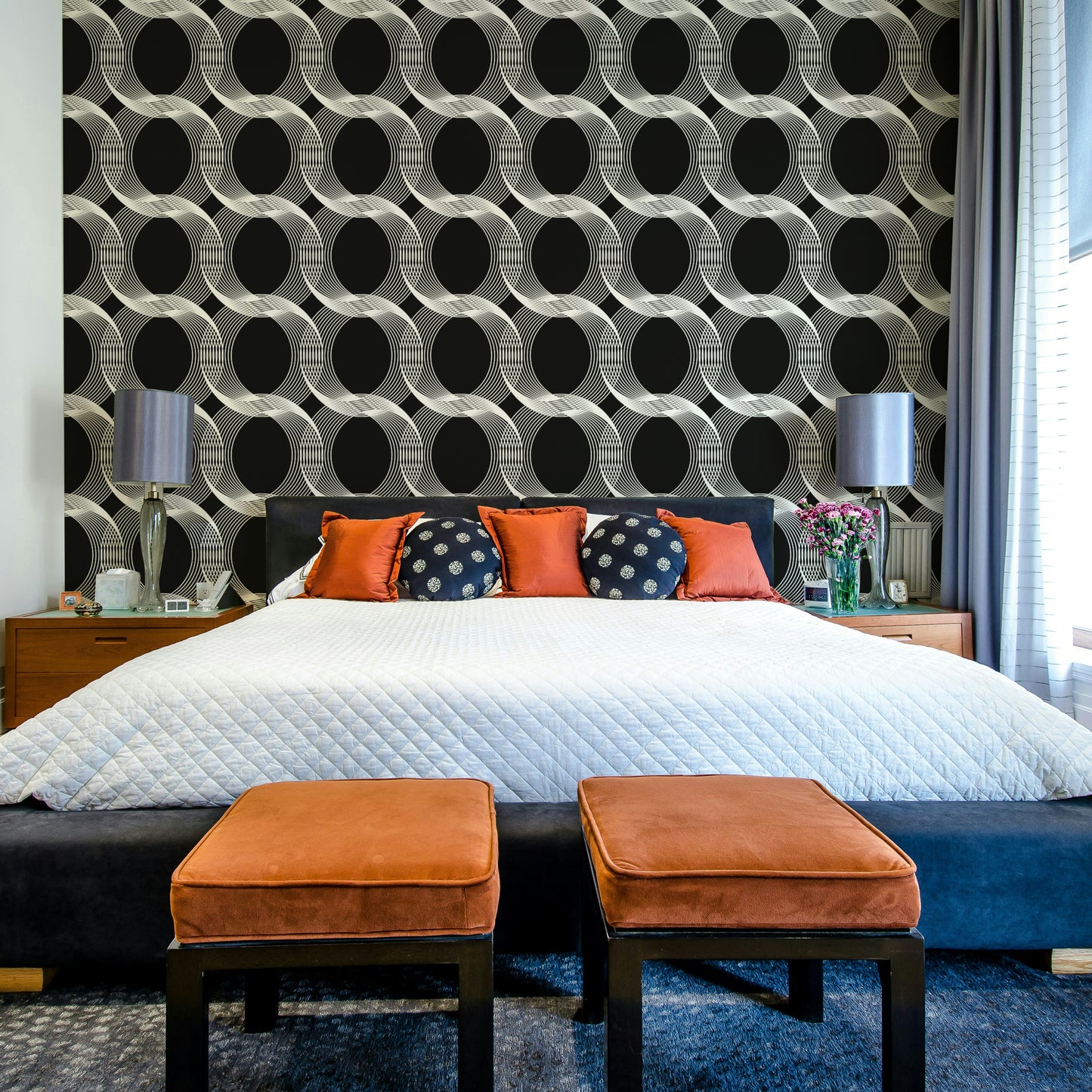 The image features a repeating design of linear circles.
