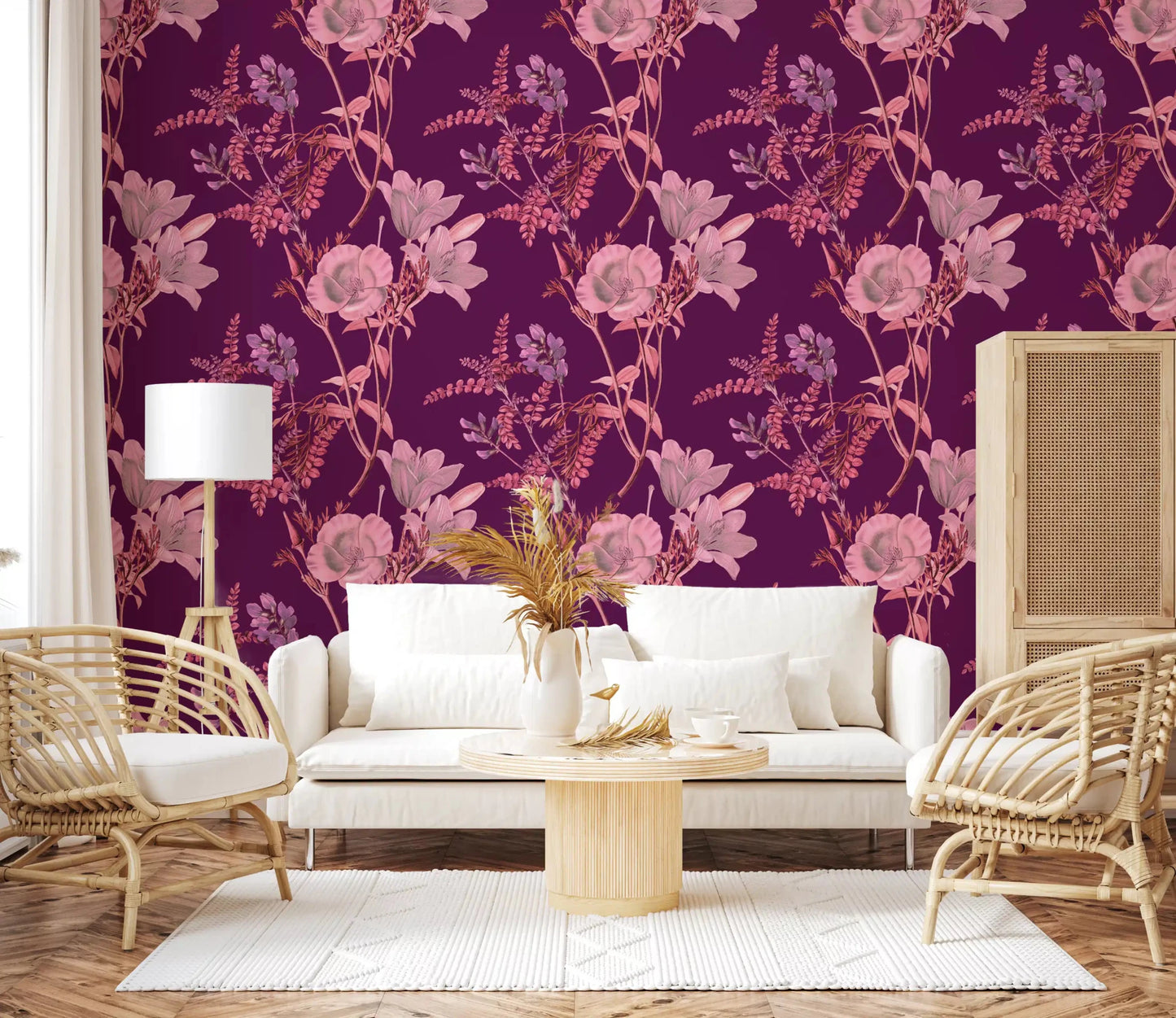 Hallway featuring Opulent Botanical floral Wallpaper on plum base
