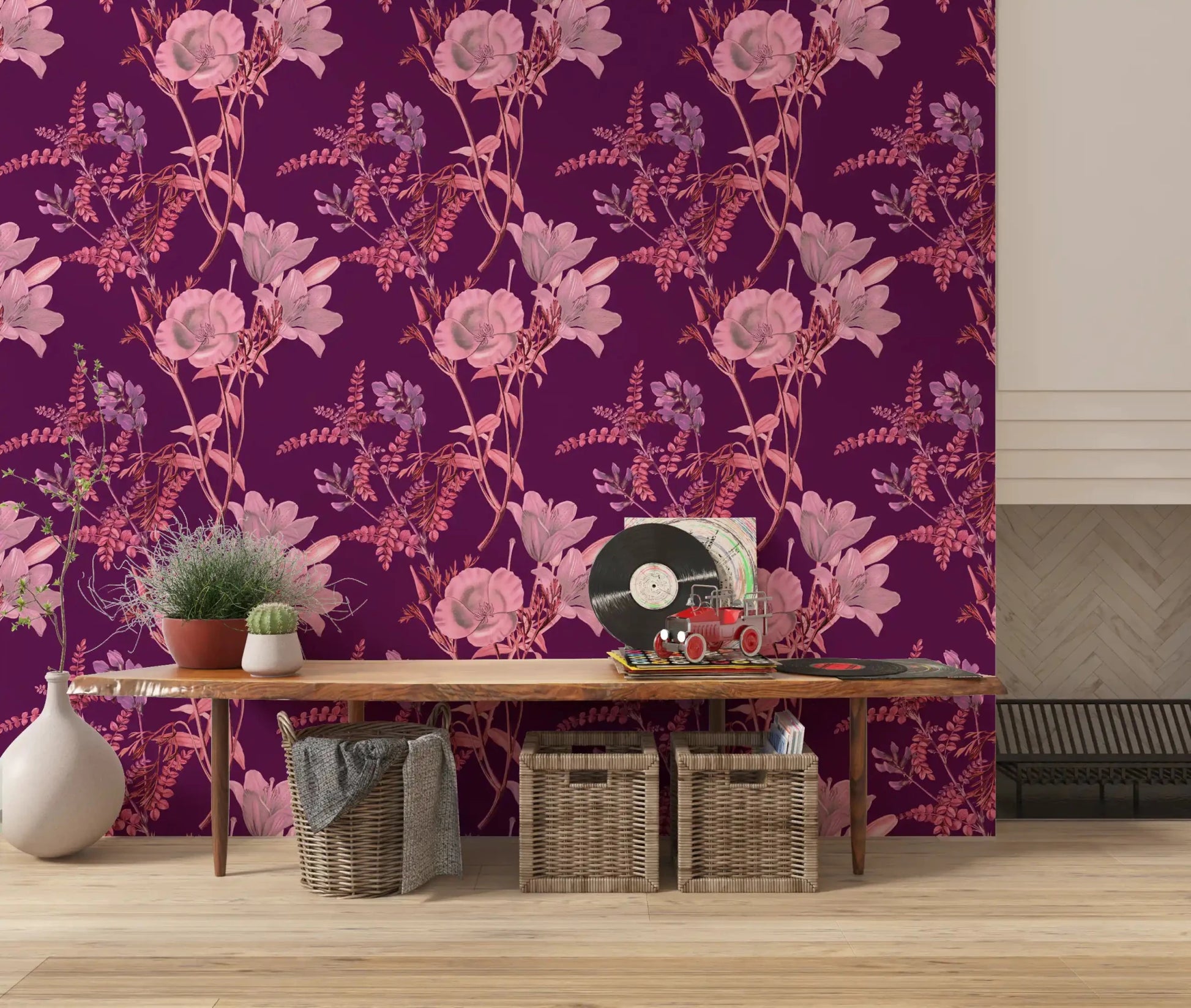 Deep plum wall with Botanical Plum Wallpaper and pale blossoms