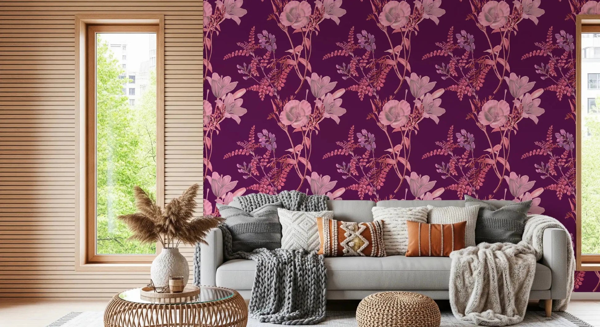 Vintage-inspired wall in Opulent Botanical Wallpaper plum tones