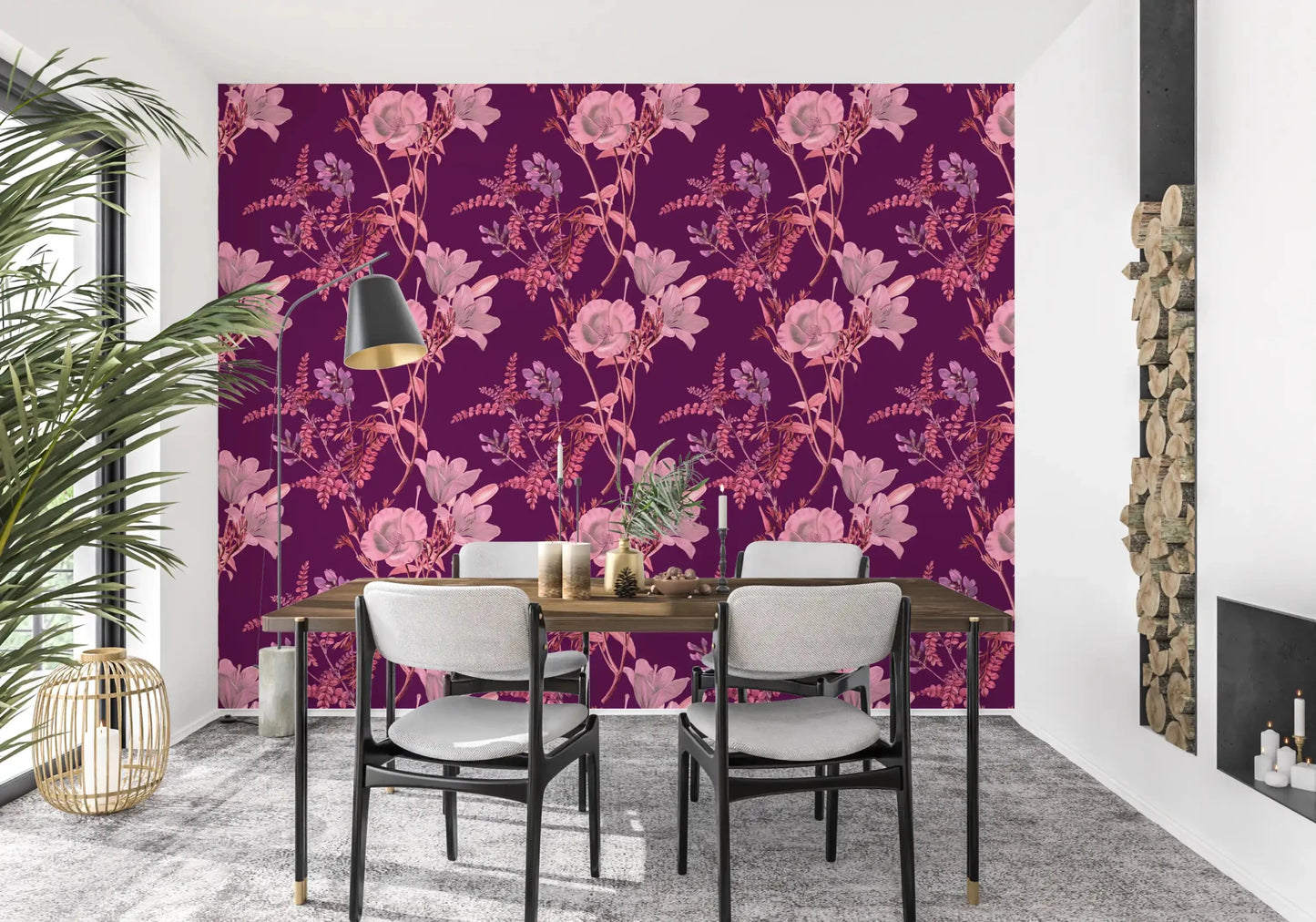 Dining room wall styled in Botanical Plum Wallpaper with soft blooms