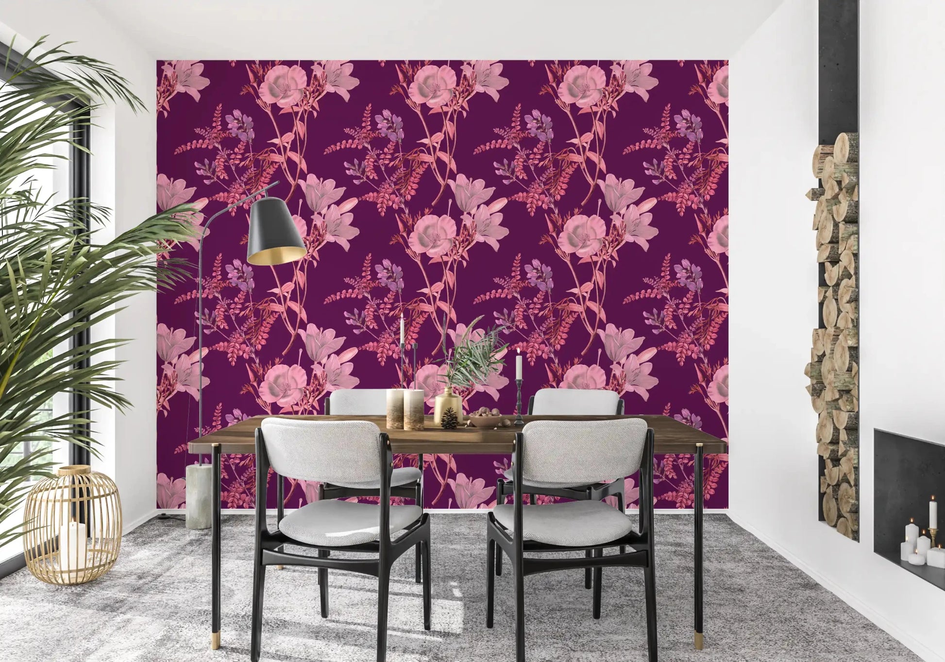 Dining room wall styled in Botanical Plum Wallpaper with soft blooms