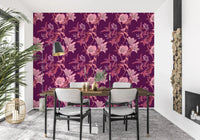 Dining room wall styled in Botanical Plum Wallpaper with soft blooms