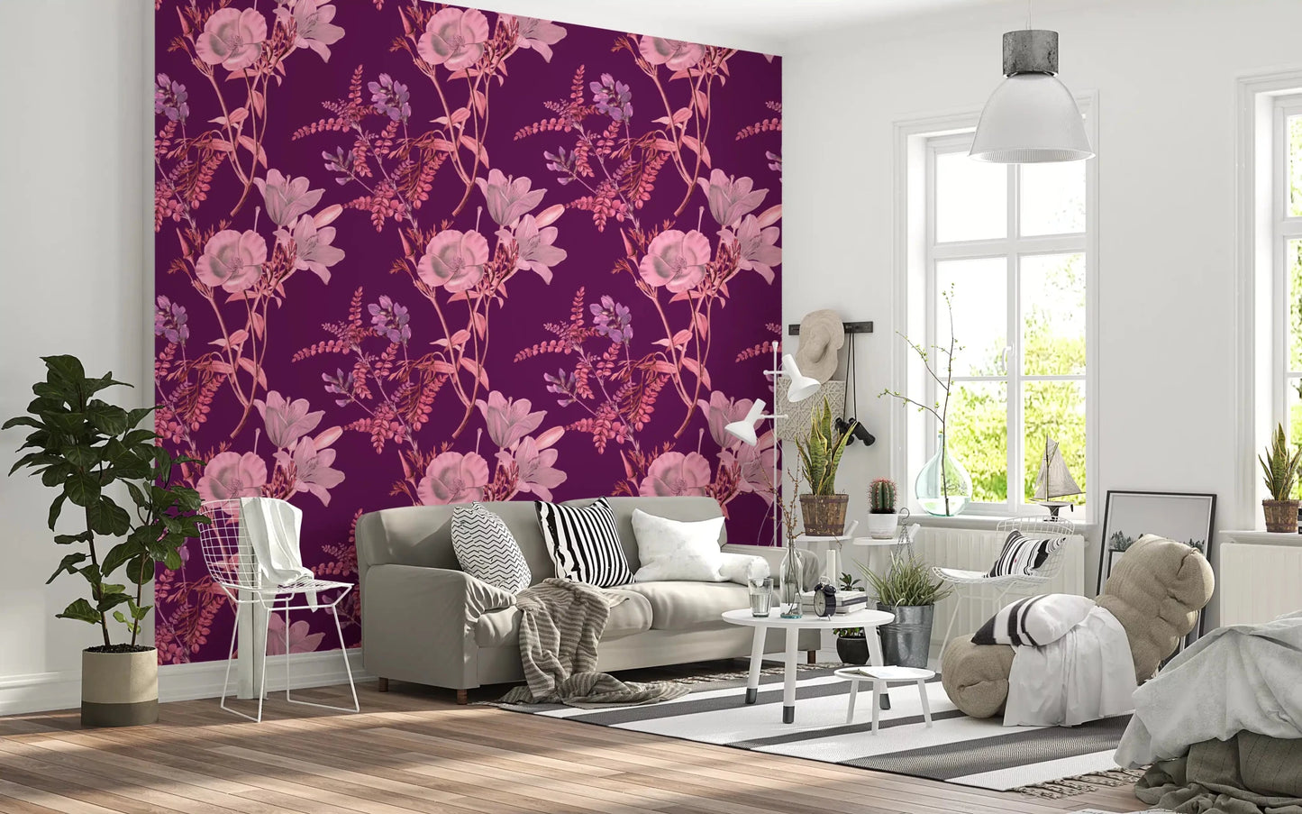 Decorative floral layout on Opulent Botanical Plum Wallpaper
