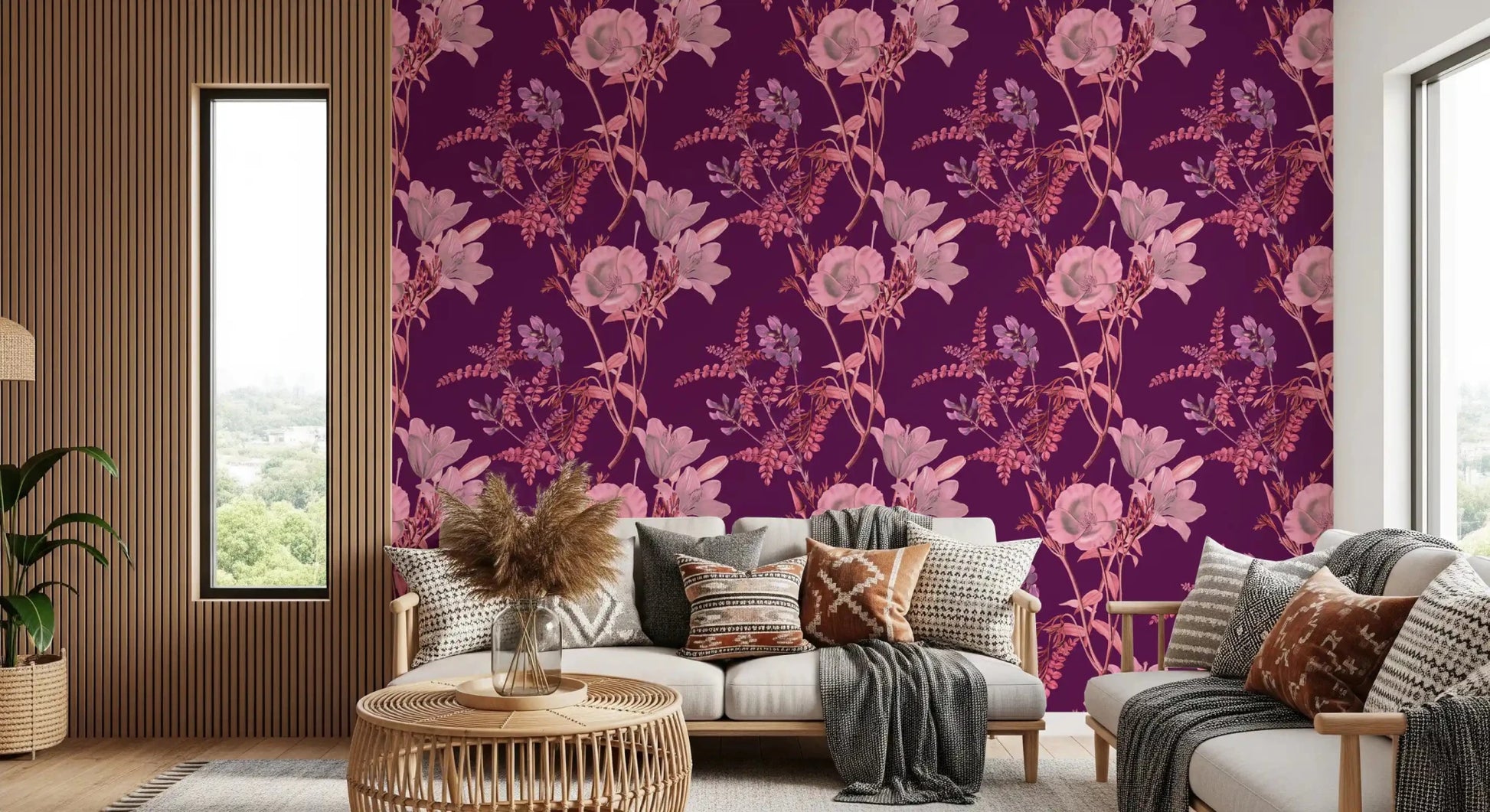 Rich purple surface with Botanical Plum printed Wallpaper