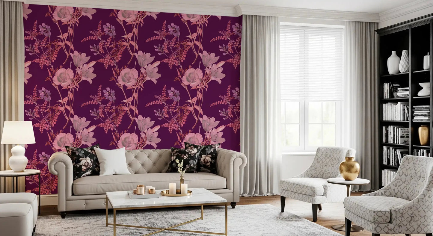 Soft botanical forms across Plum Wallpaper with layered leaves