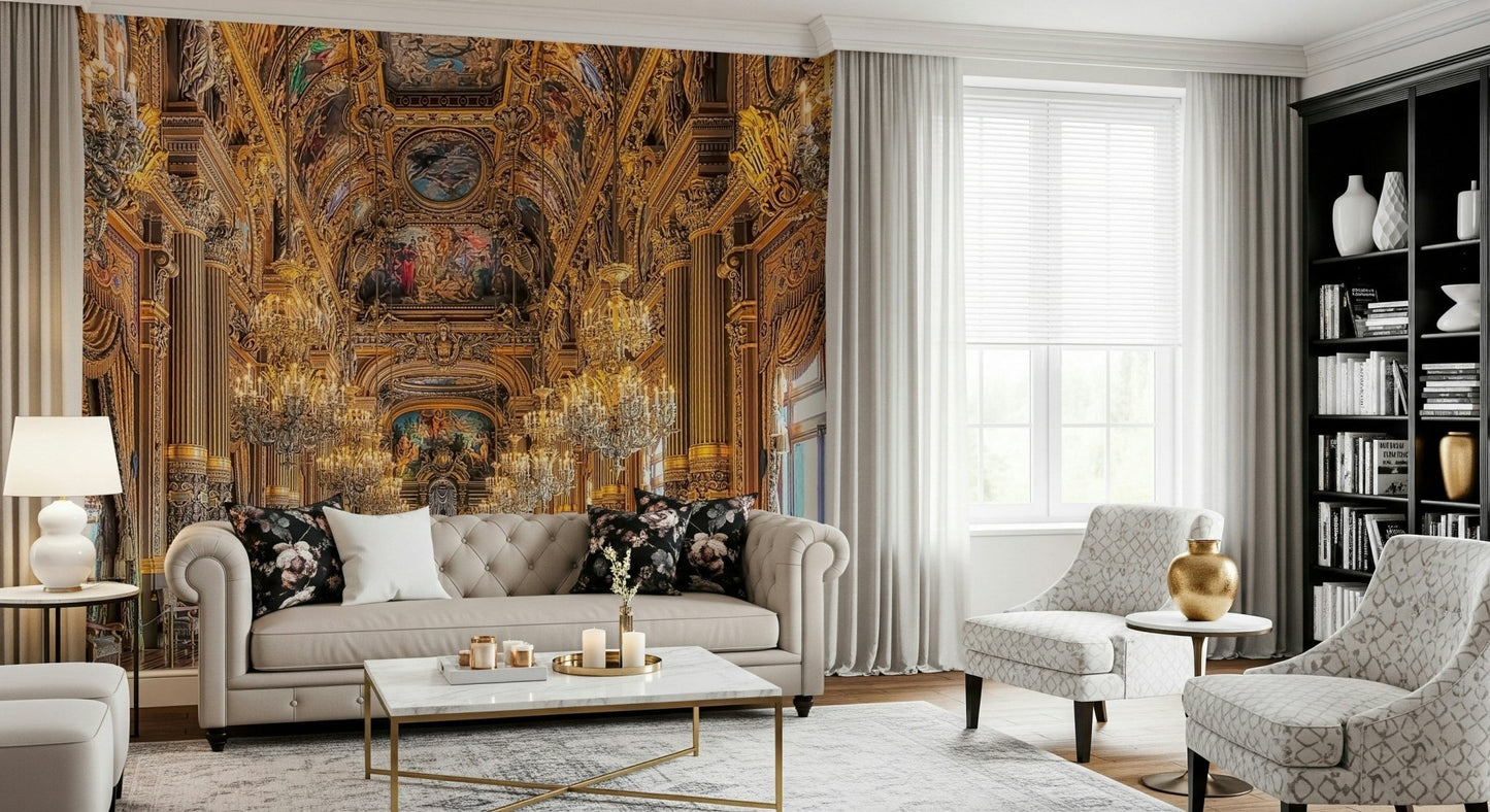 Opulent Grandeur peel stick wallpaper shows gold palace hall