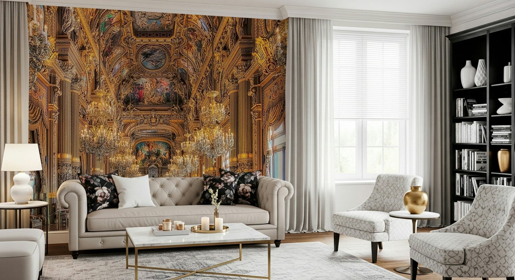 Opulent Grandeur peel stick wallpaper shows gold palace hall