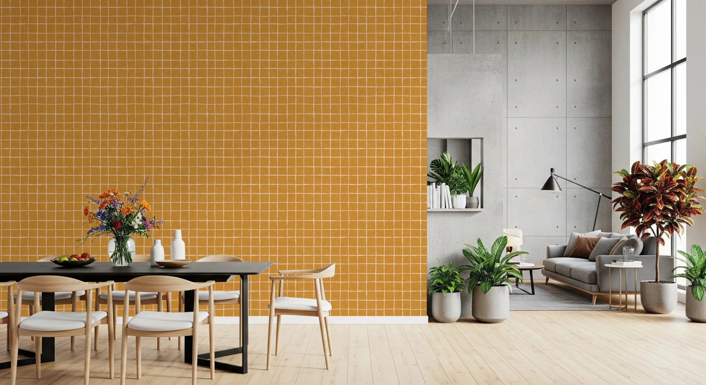 Bold orange linen wallpaper with a white grid design.