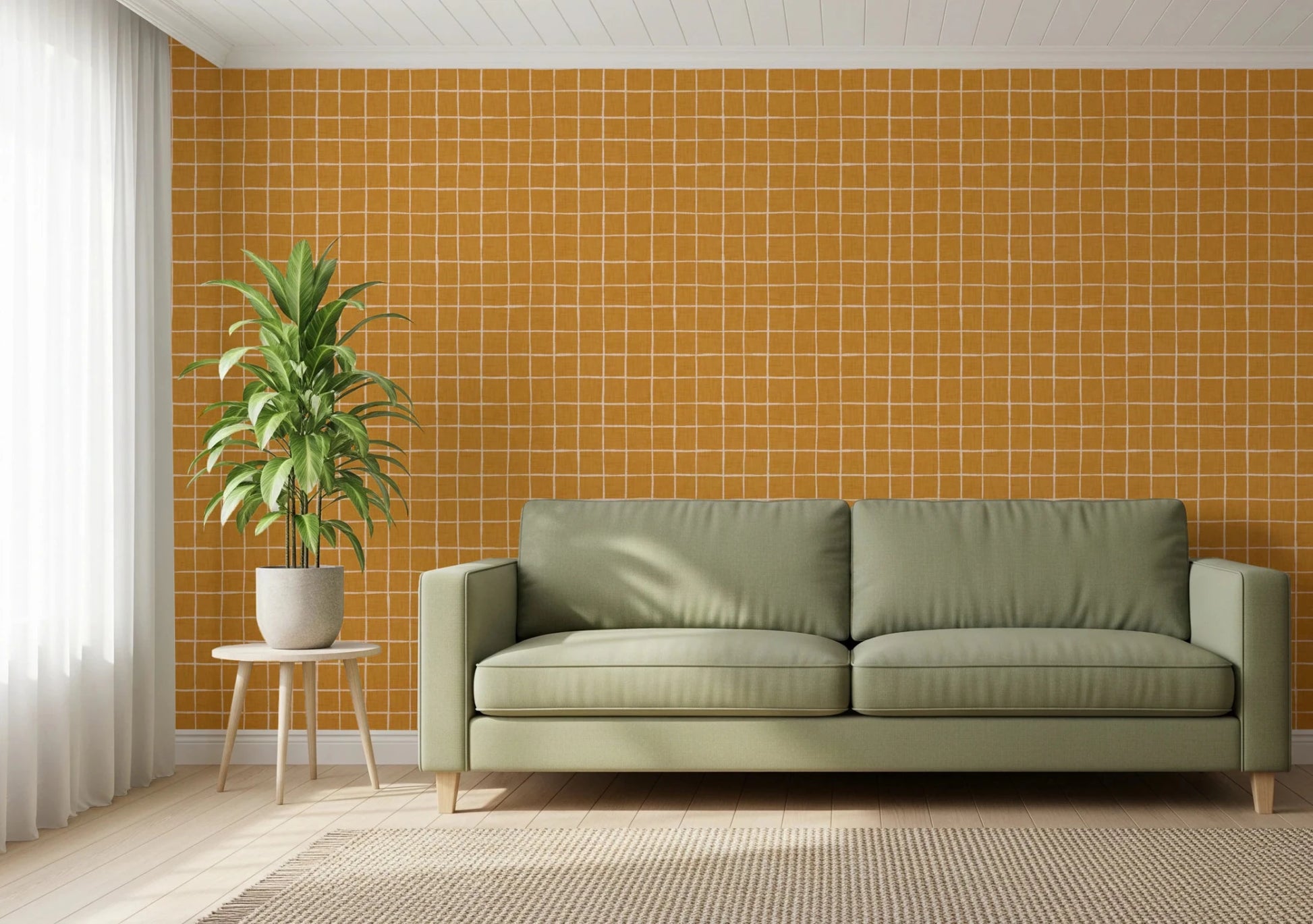 Vibrant amber wall covering with a fabric look texture.