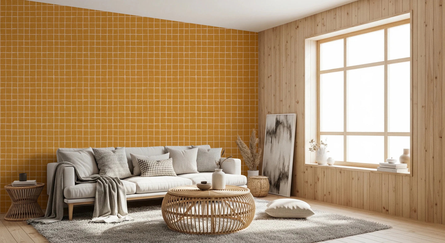 Artistic amber wallpaper with a crisp white grid.