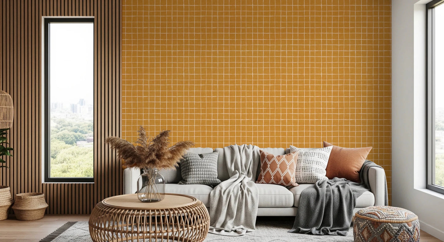 Rich orange linen wallpaper with hand-drawn squares.