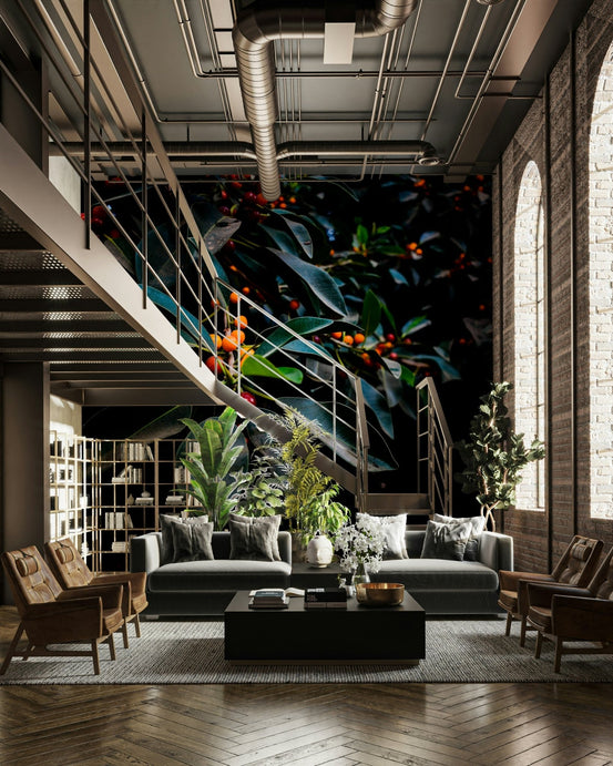 Orange, Green and Dark wall mural showing glossy leaves and bright berries GD4917
