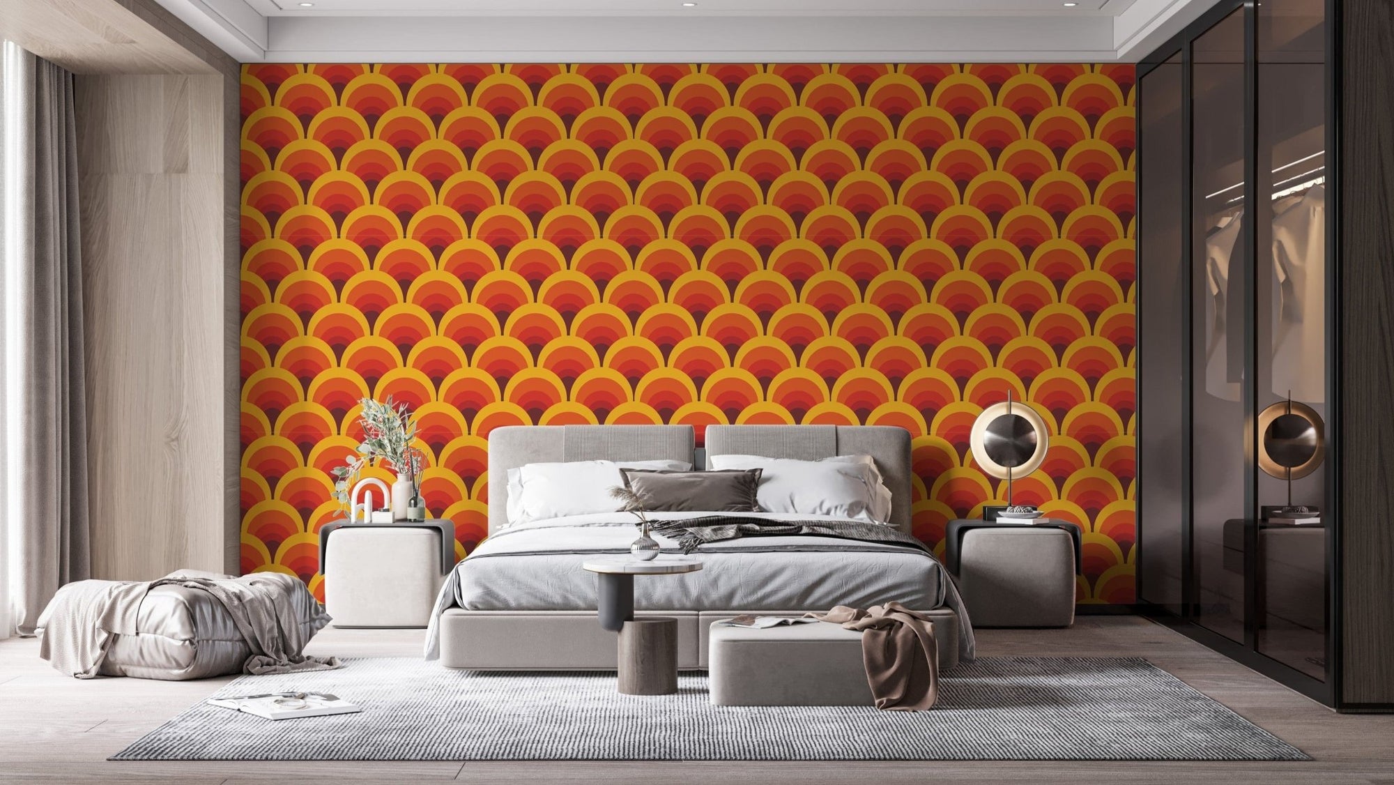 Vibrant orange geometric arch wallpaper B053