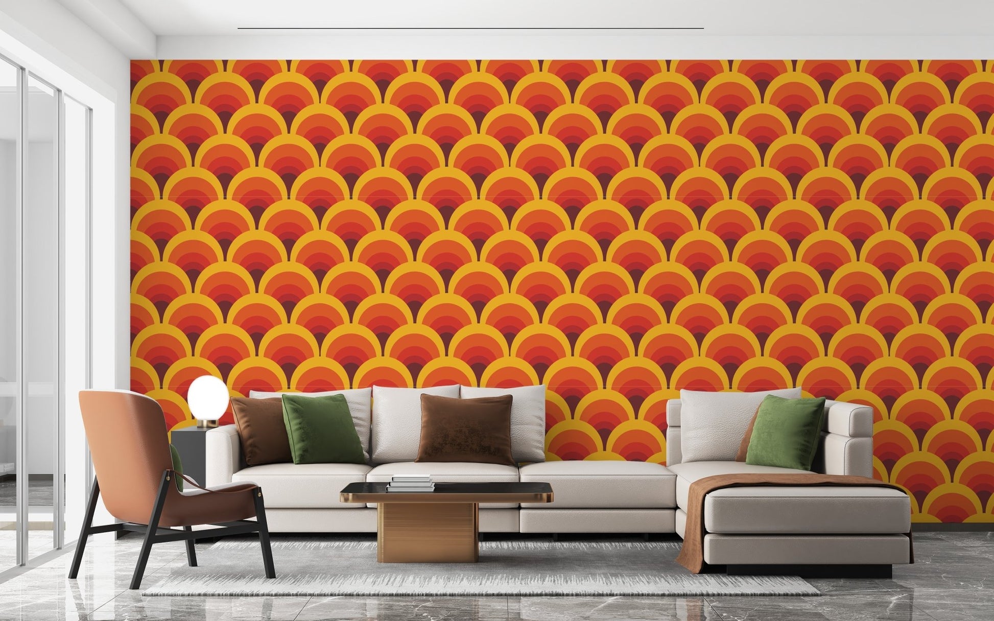 Playful orange arch wallpaper for interiors
