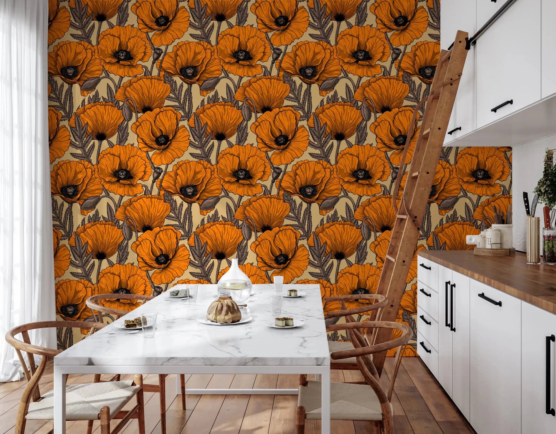Sand-yellow ground lifts the rust orange tones of Poppy Garden wallpaper.GD9579