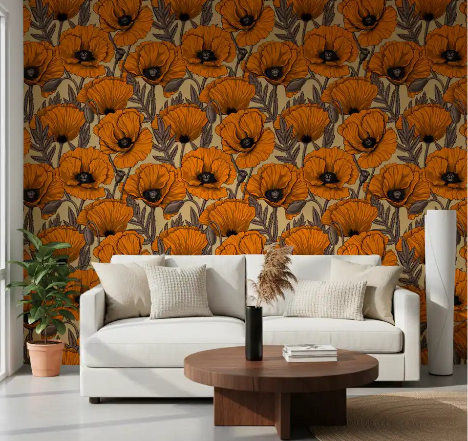 Fiery petals stretch behind a Living room with Orange Poppy Garden wallpaper.GD9579