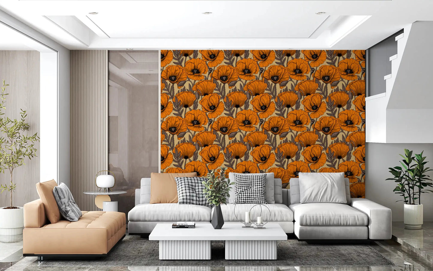 A Hallways carries soft contrast through Orange Poppy Garden wallpaper.
GD9579