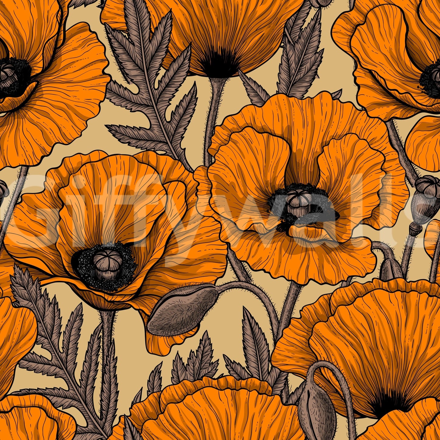 Taupe leaves rest between flowers in Poppy Garden wallpaper.⁠GD9579