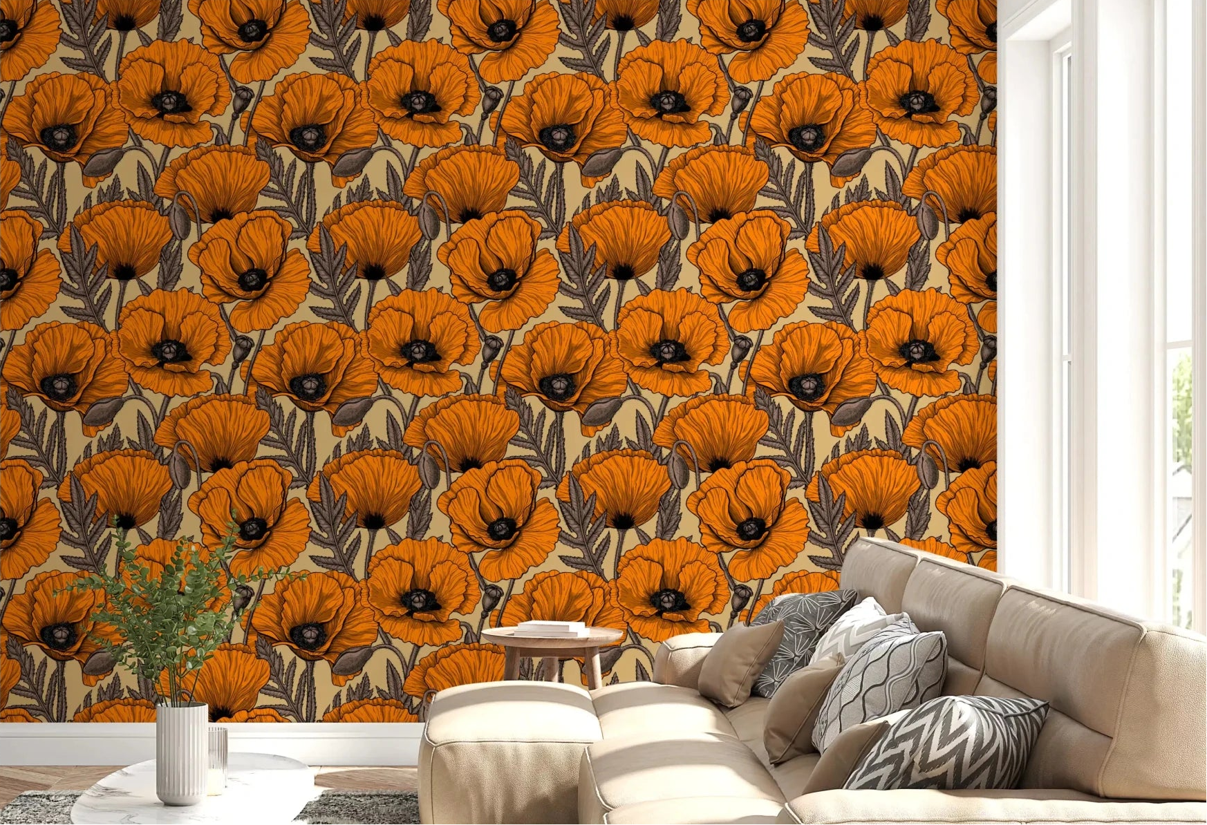 Sand-toned florals warm a living room through Orange Poppy Garden wallpaper.⁠GD9579