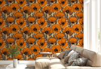 Sand-toned florals warm a living room through Orange Poppy Garden wallpaper.⁠GD9579