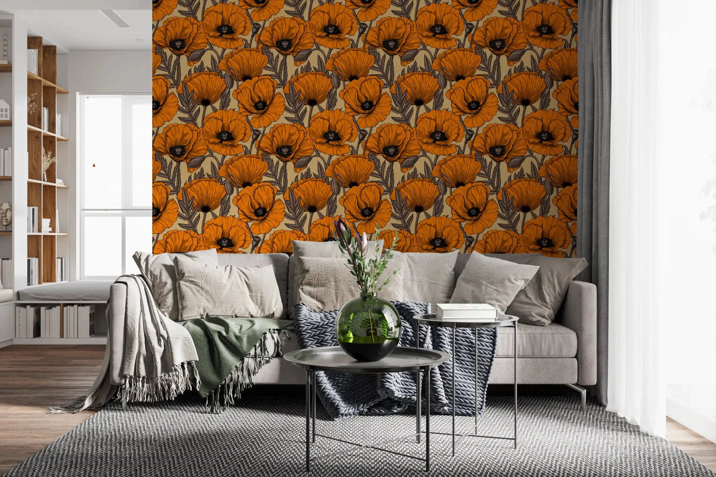 living room deepen with Poppy Garden wallpaper in warm orange and sand.⁠GD9579