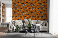living room deepen with Poppy Garden wallpaper in warm orange and sand.⁠GD9579