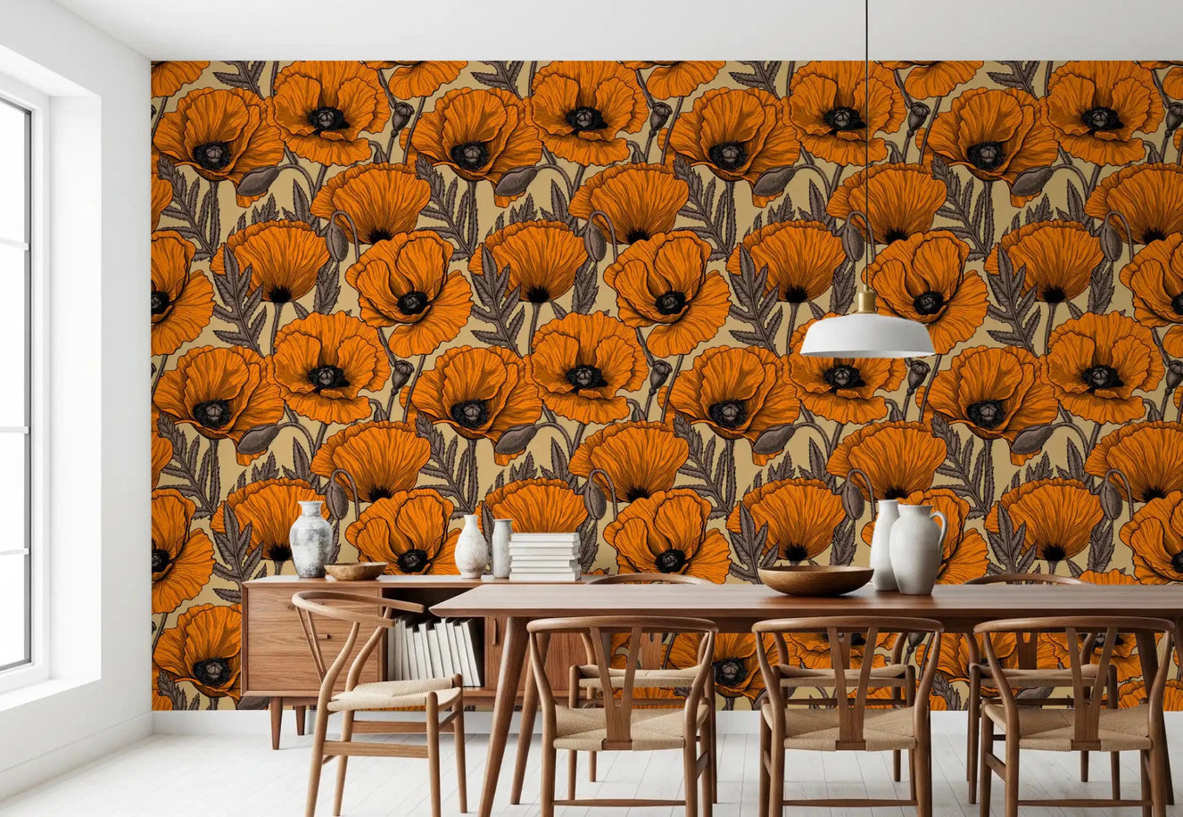 Layered blooms anchor a Dining room beneath Poppy Garden wallpaper in tan.
GD9579