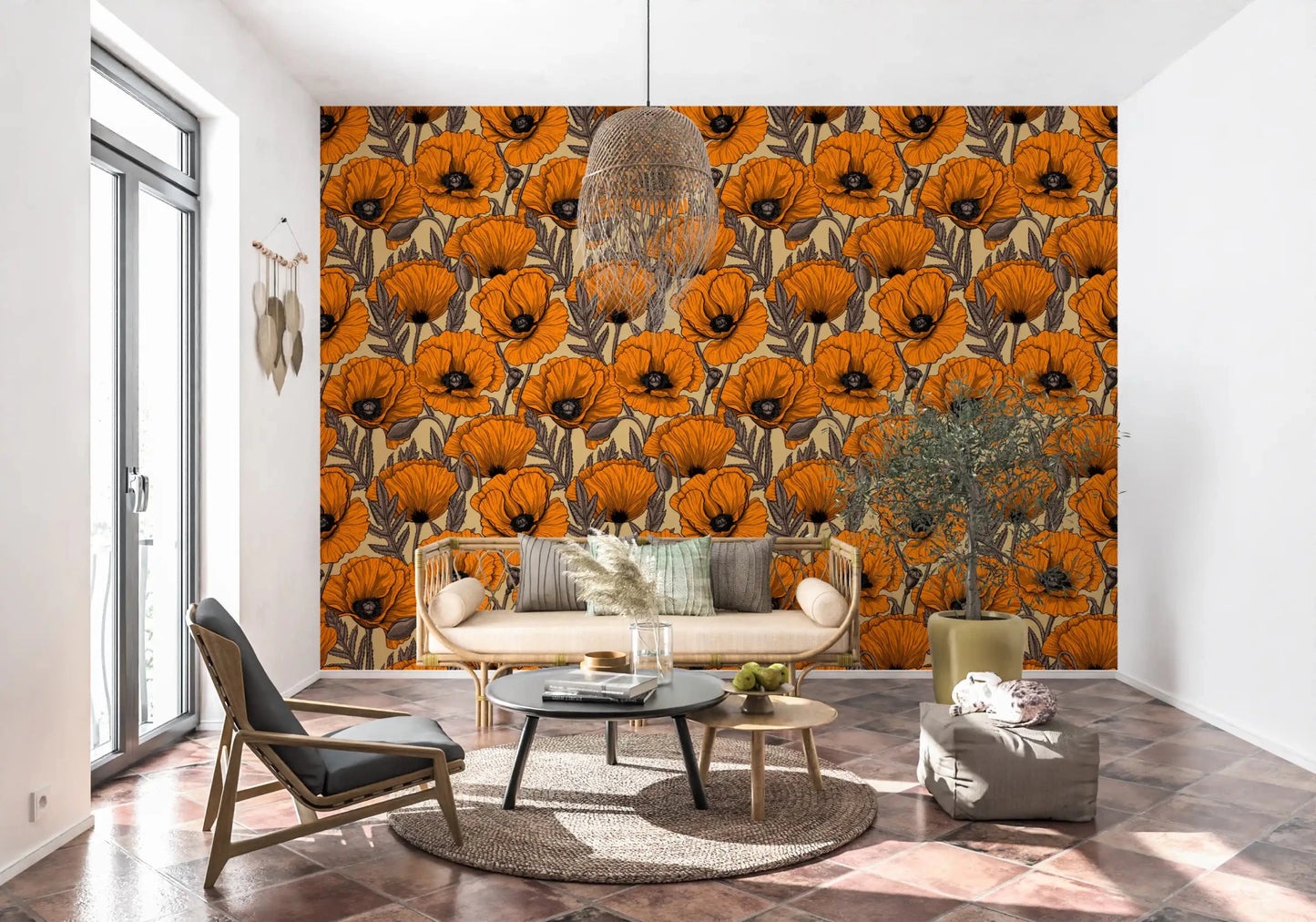 Wide-petalled poppies open across the sand base of Orange Poppy Garden wallpaper.⁠GD9579
