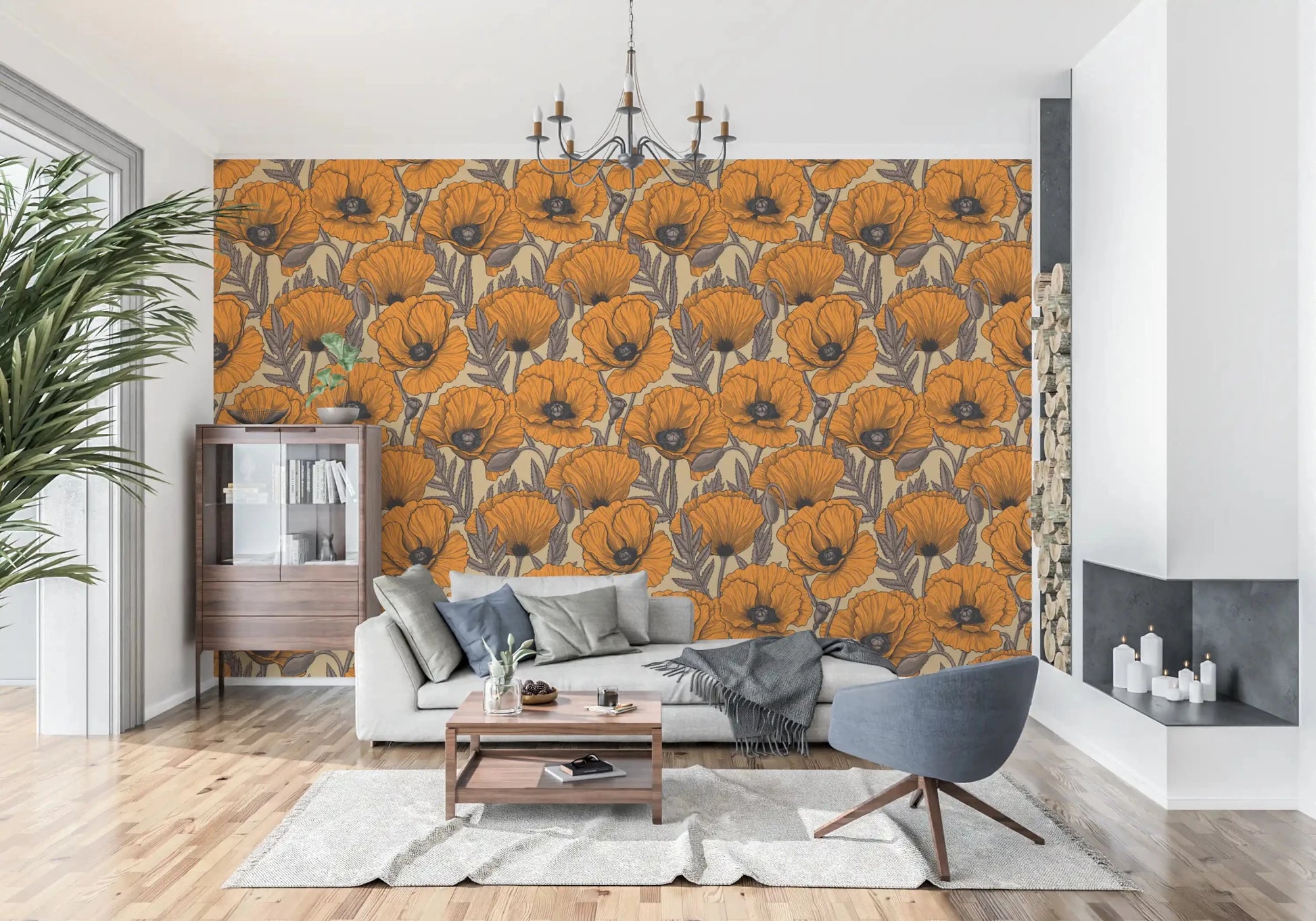 Slim stems and tucked buds wind through Orange Poppy wallpaper.GD9579