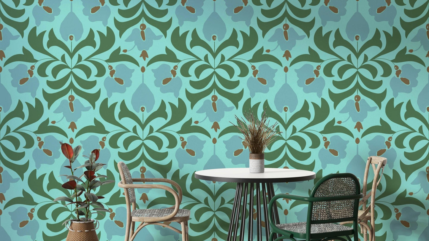 A serene and elegant aqua floral wallpaper pattern.
