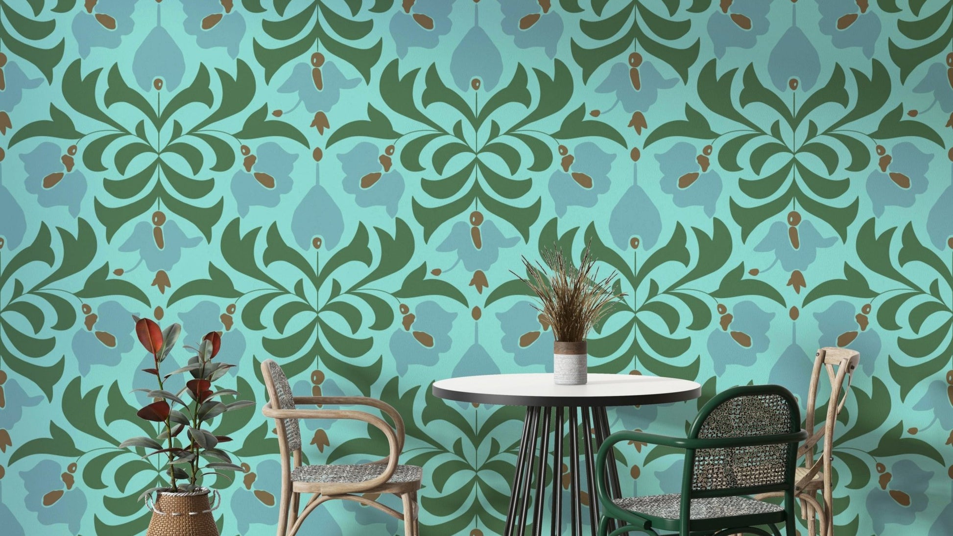 A serene and elegant aqua floral wallpaper pattern.
