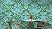 A serene and elegant aqua floral wallpaper pattern.
