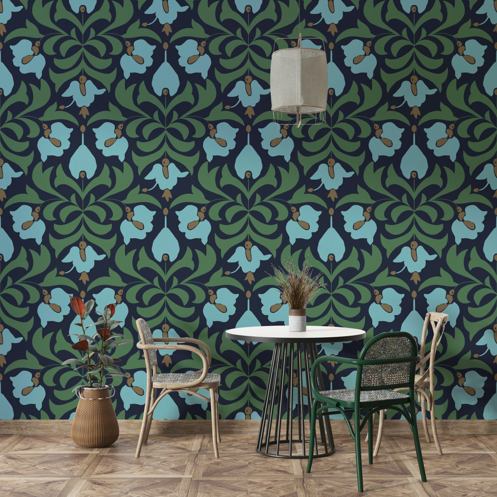 The texture appears smooth and refined, like a historical textile or painting.
