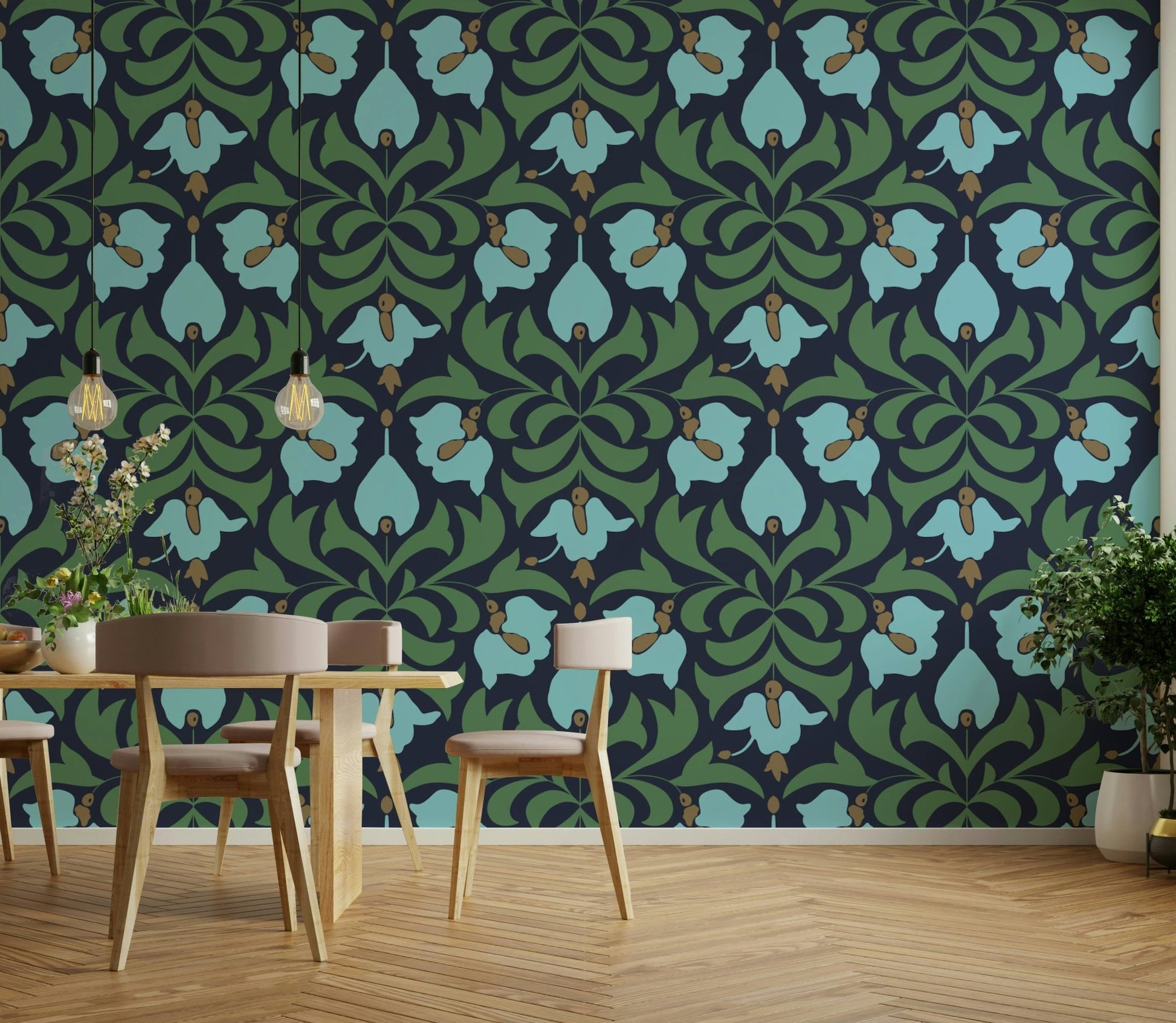 The color palette is composed of deep, rich, and often dark tones, evoking a night or twilight scene.
