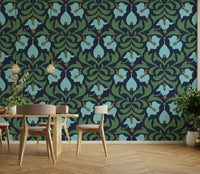 The color palette is composed of deep, rich, and often dark tones, evoking a night or twilight scene.
