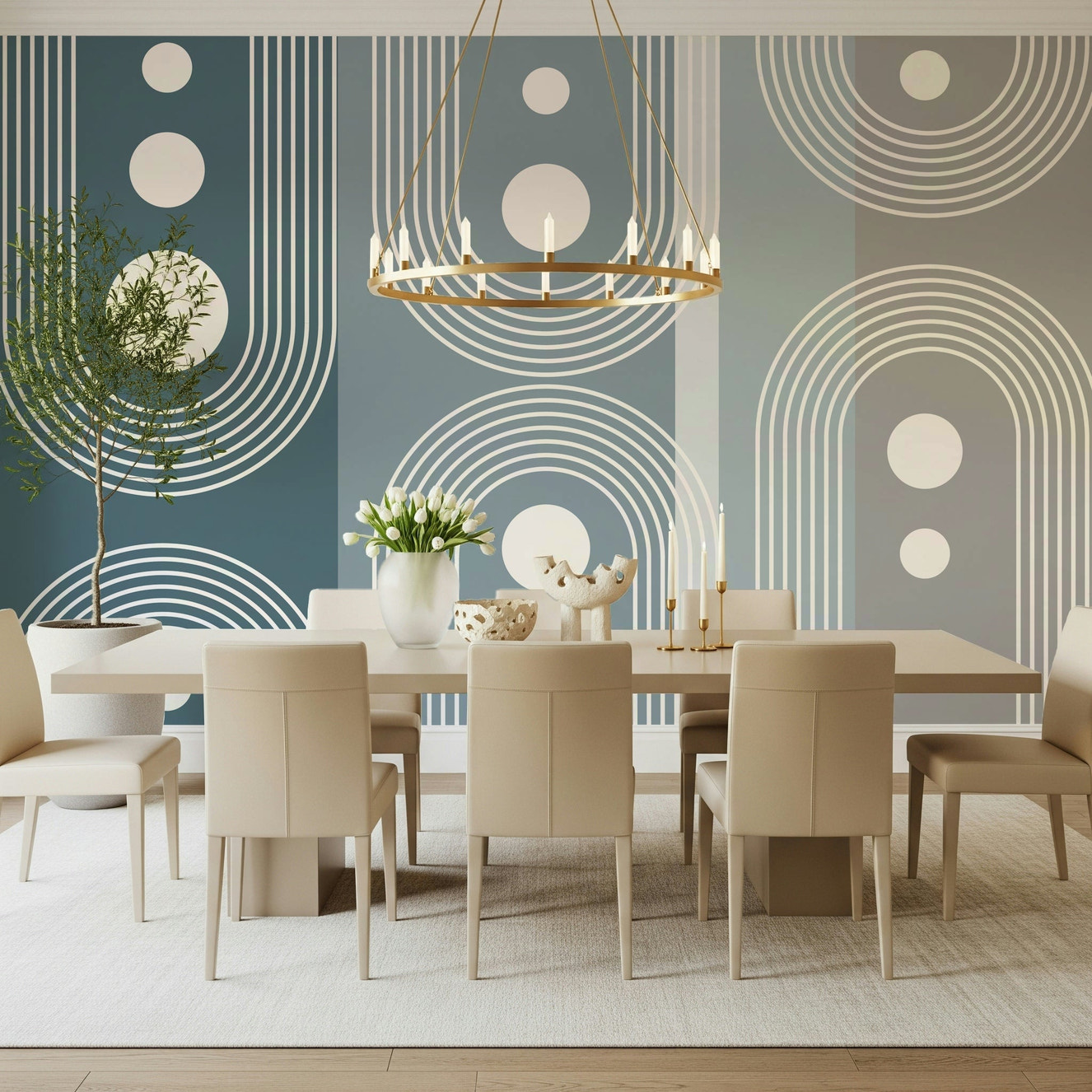 A beautiful abstract arch wallpaper mural with celestial elements.