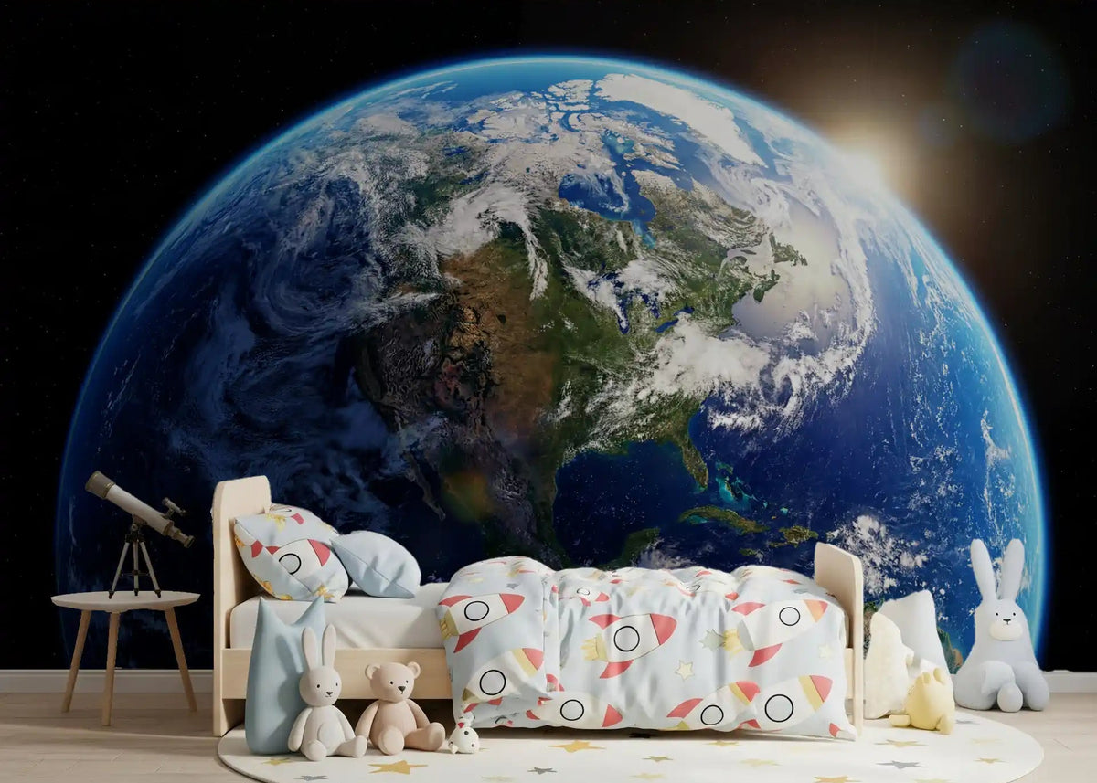 A kids bedroom opens up into space with the Orbital Dawn wall mural on the back, GD9065