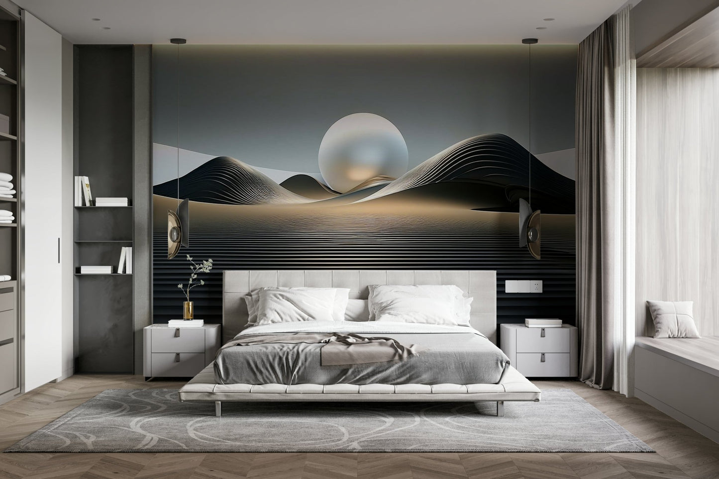 Modern Orbital Dunes mural with energetic swirling shapes

