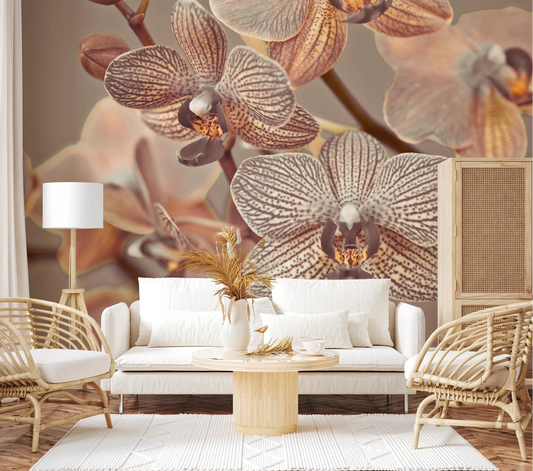 Living room featuring Orchid Whisper Wall Mural with soft beige blooms and woven accents