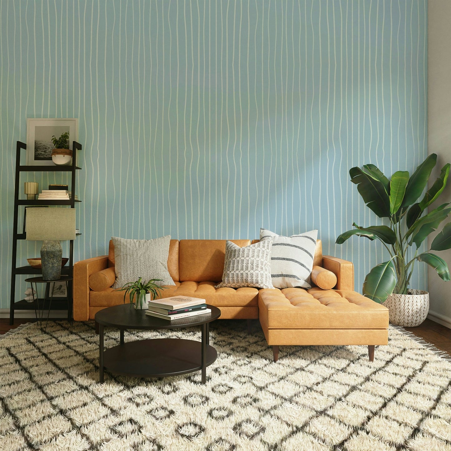 Mural wallpaper with cool blue tones

