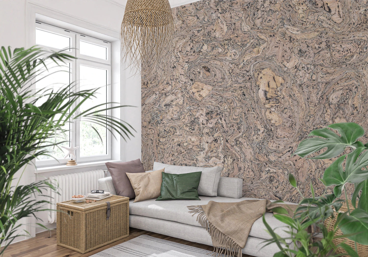 Neutral cork wood wall mural for stylish spaces