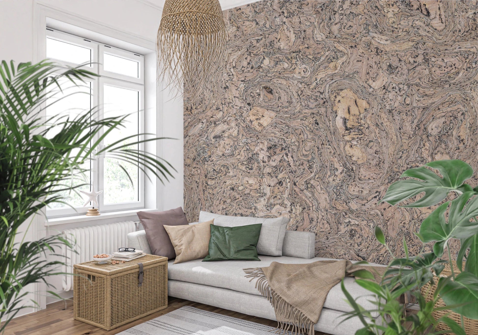 Neutral cork wood wall mural for stylish spaces