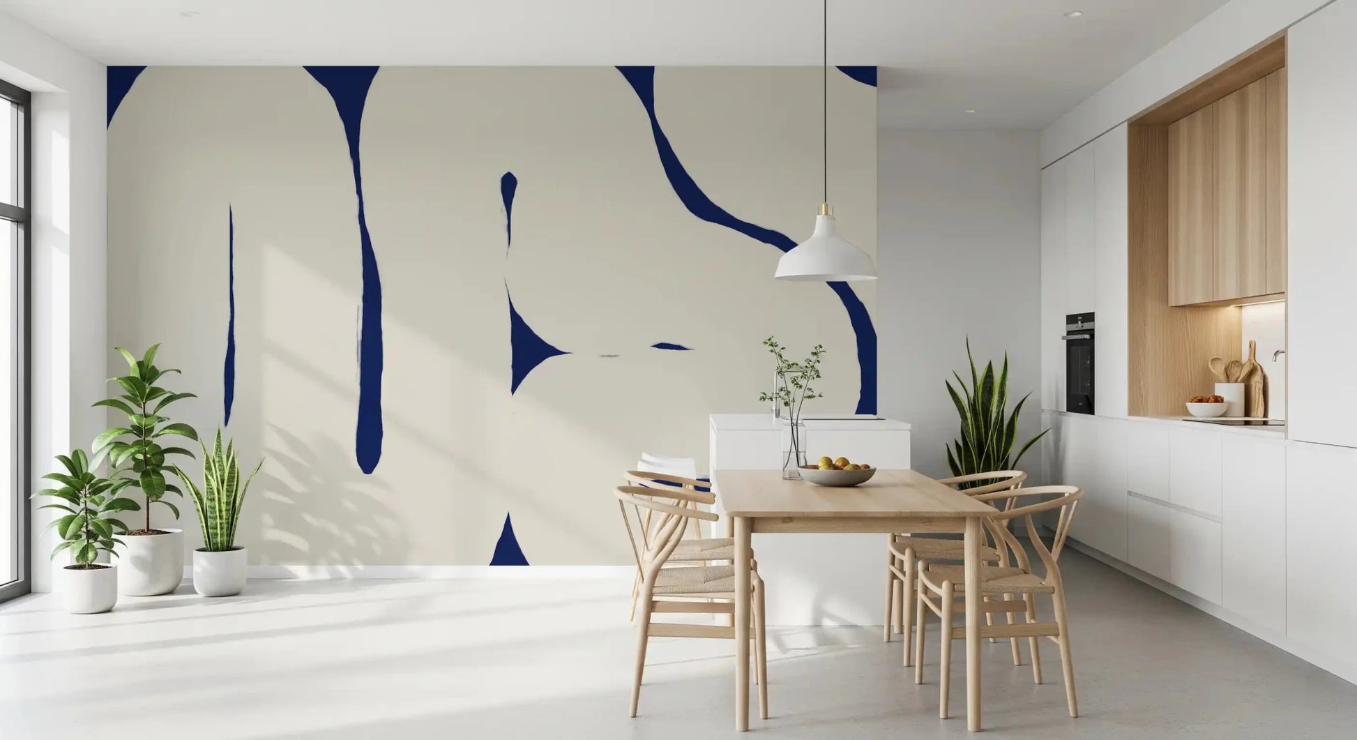 Dining area wall Organic Curves deep blue mural modern shapes