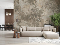 Living room wall styled in Organic Earth Tapestry mural with earthy tones