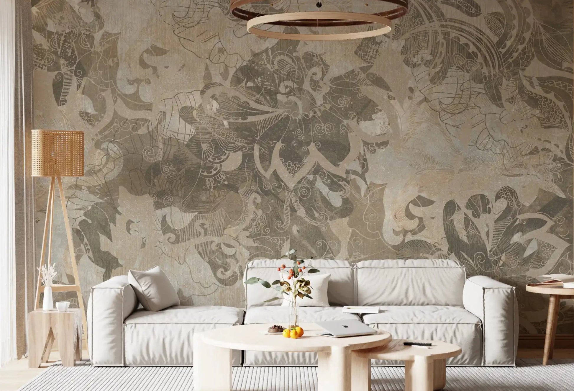 Living room with Organic Earth Tapestry wall mural in soft beige texture