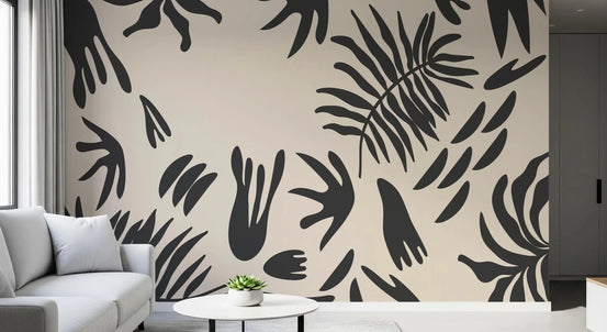 Living room wall with Organic Fern Silhouette Wall Mural in black art, GD9155